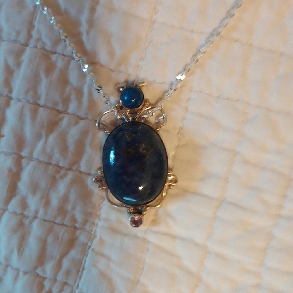 NEW STERLING SILVER  2" IOALITE, SODALITE & CITRINE PENDANT ON 22" SINGAPORE